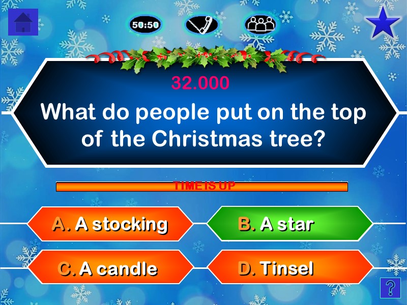 What do people put on the top of the Christmas tree? D. Tinsel C.